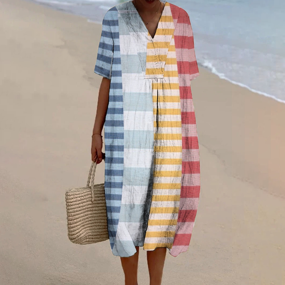 Women's Colorblock Stripe Print Flowy Linen Dress