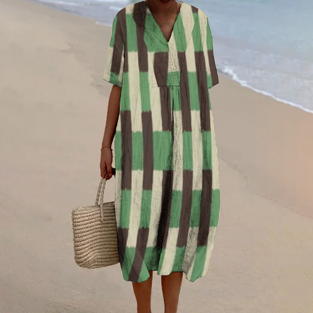 Women's Colorblock Stripe Print Flowy Linen Dress