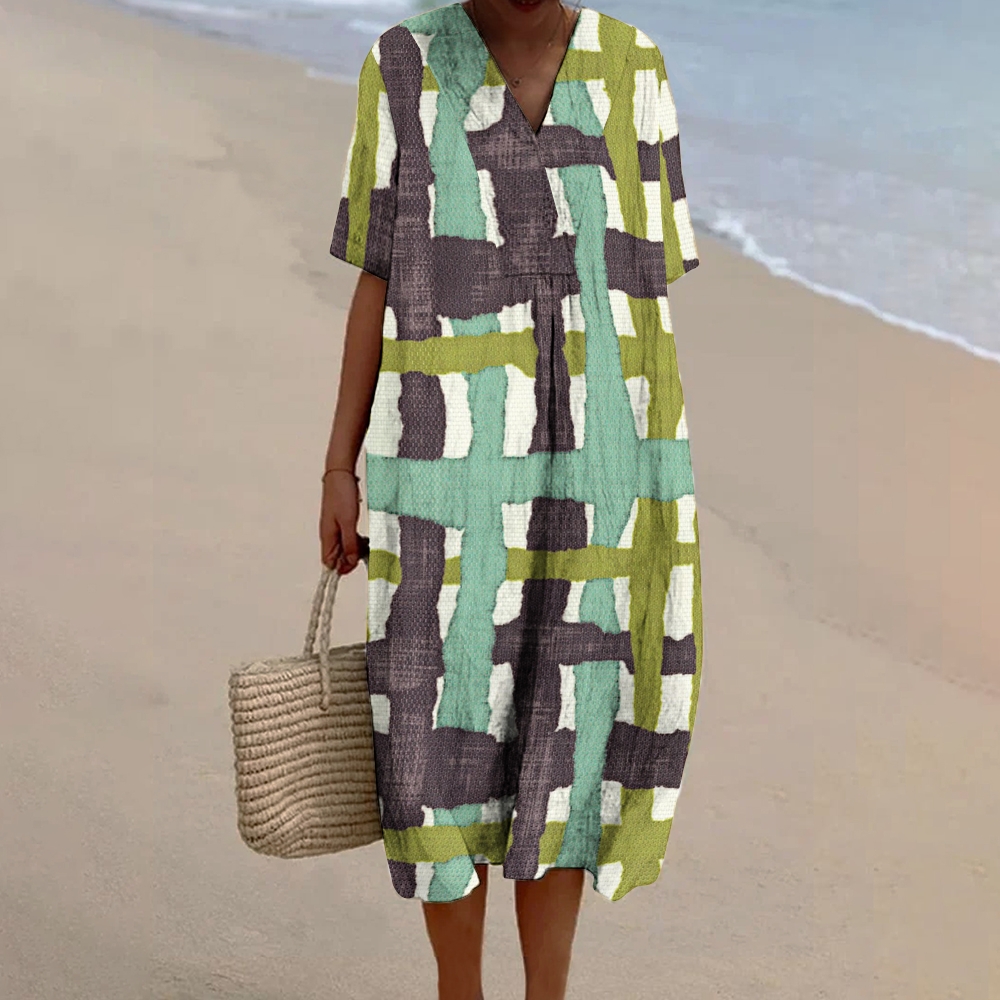 Women's Vintage Plaid Print Flowy Linen Dress