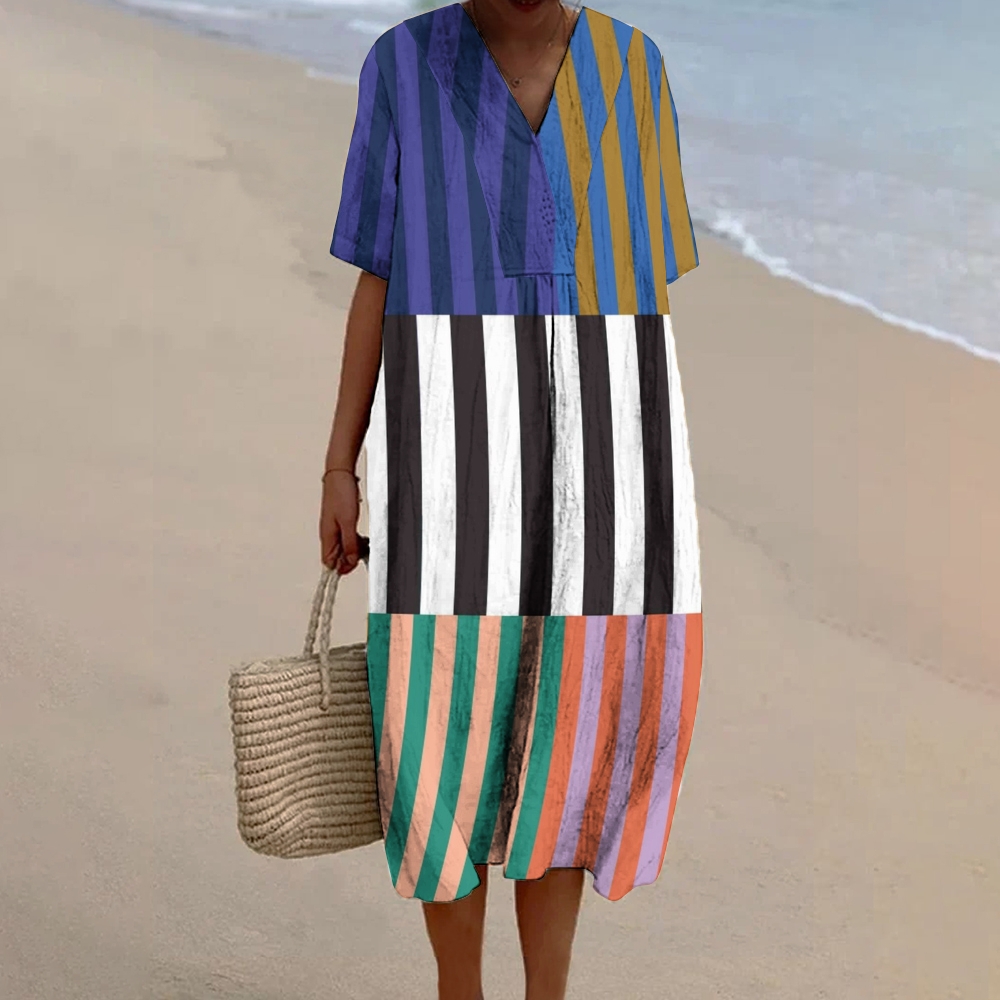Women's Colorblock Stripe Print Flowy Linen Dress