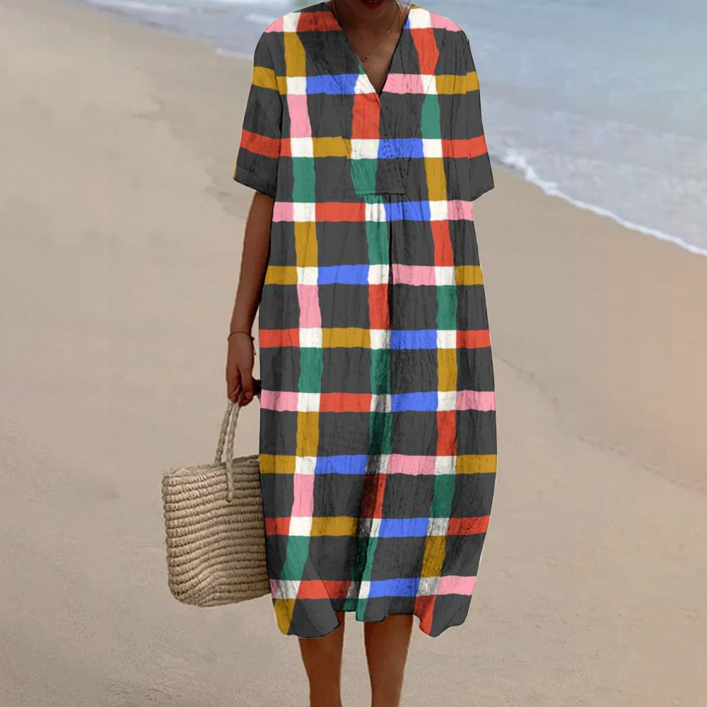 Women's Plaid Print Flowy Linen Dress