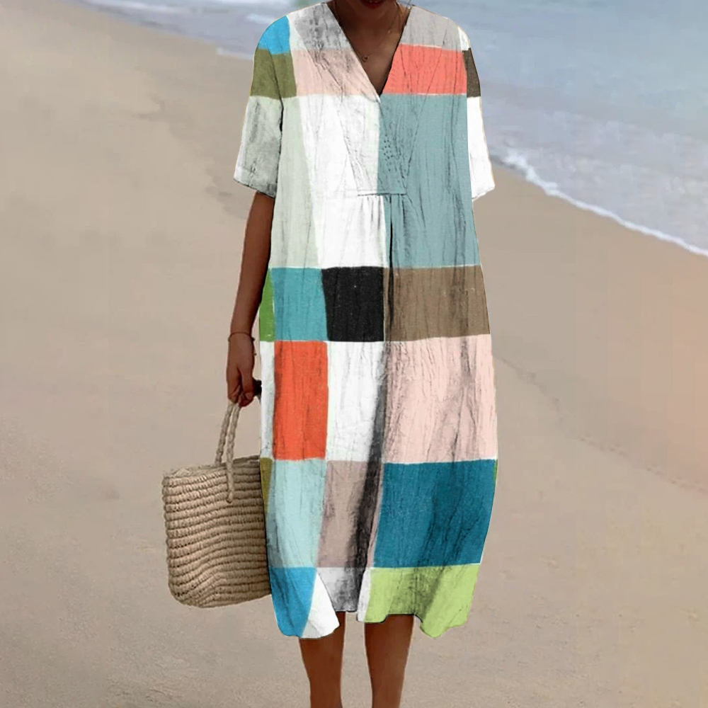 Women's Colorblock Print Flowy Linen Dress