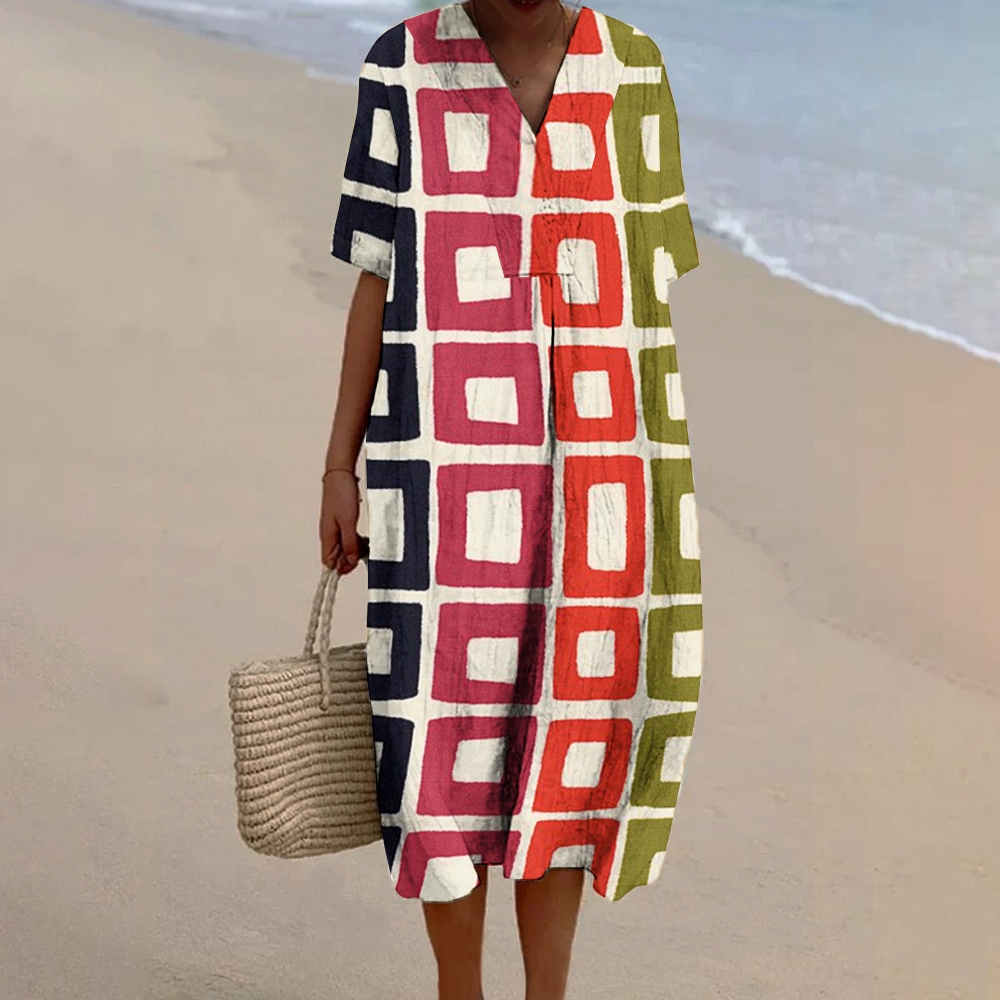Women's Colorful Print Flowy Linen Dress