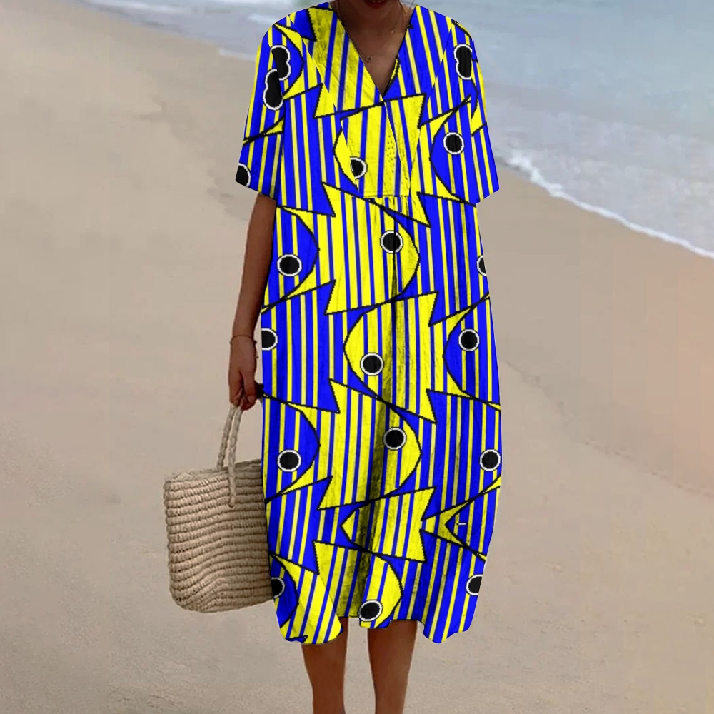 Women's Colorblock Fish Print Flowy Linen Dress