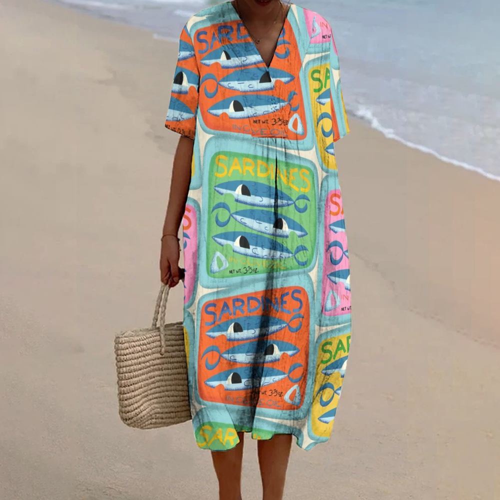 Women's Canned Sardines Print Flowy Linen Dress