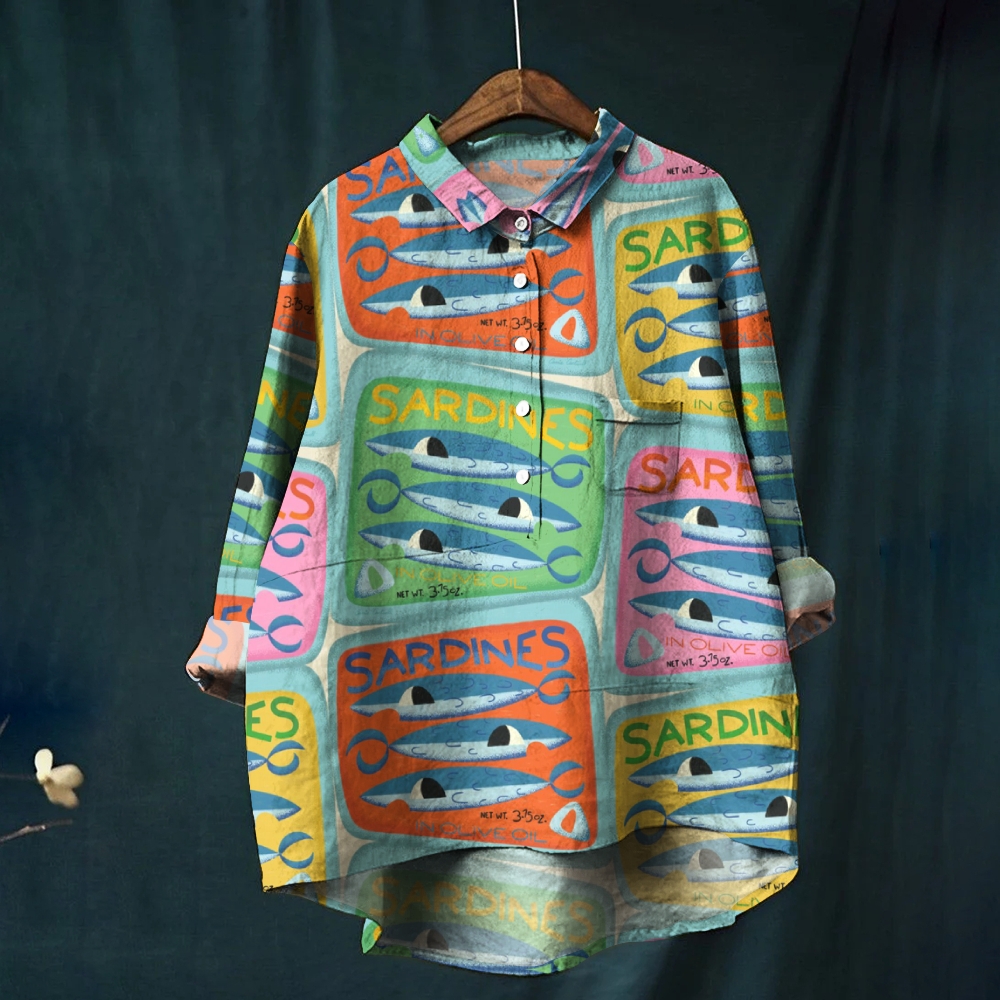 Women's Canned Sardines Print Casual Cotton And Linen Shirt