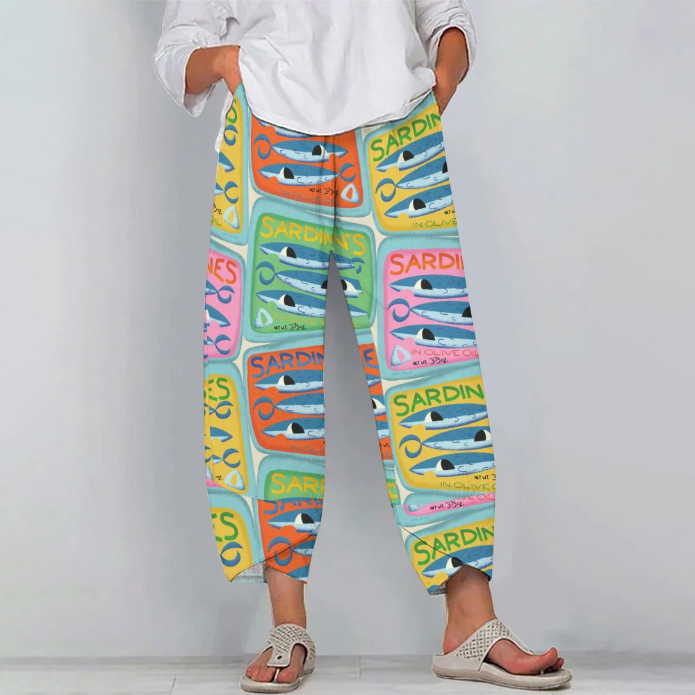 Women's Casual Canned Sardines Printed Cotton And Linen Pants