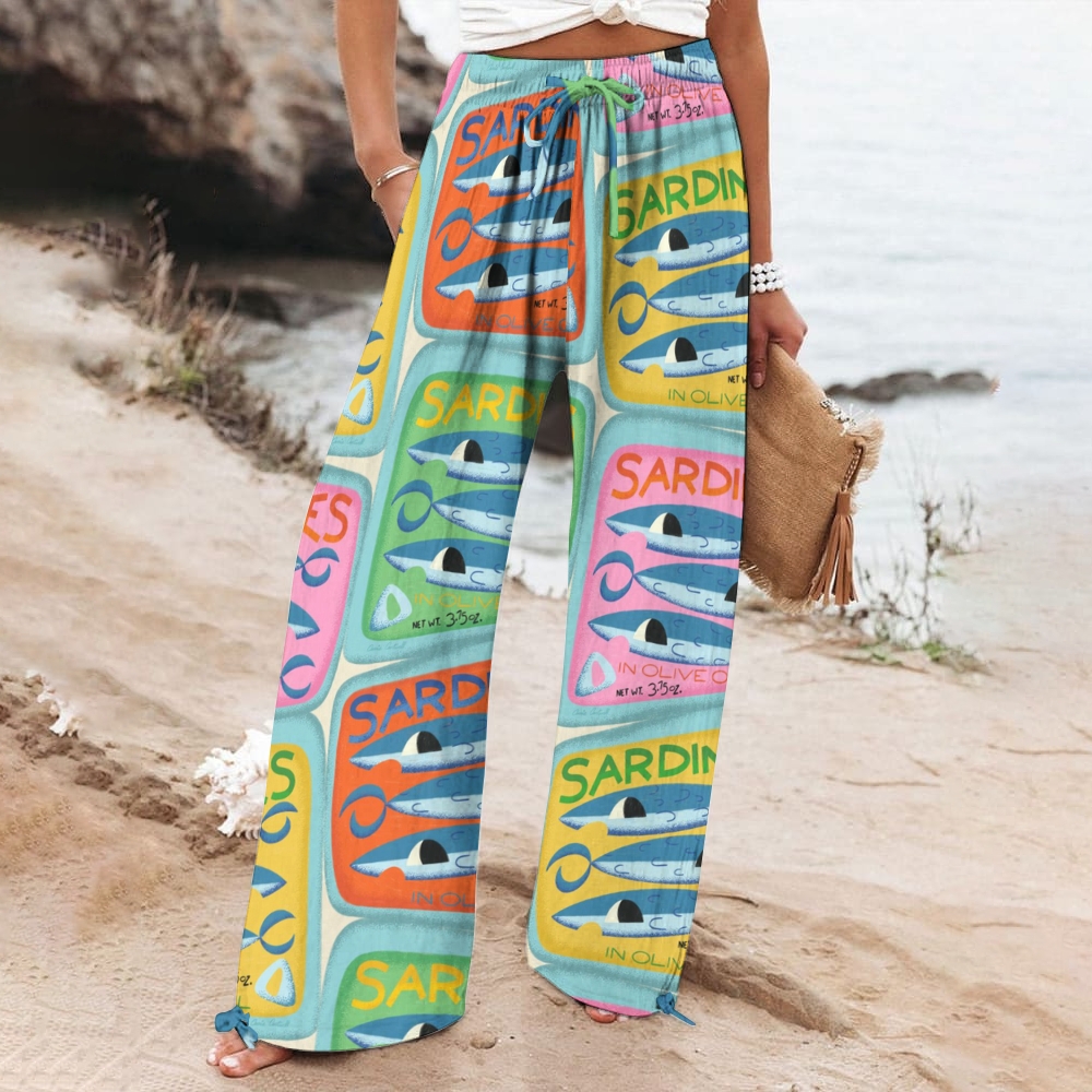 Women's Canned Sardines Print Cotton And Linen Wide Leg Casual Pants