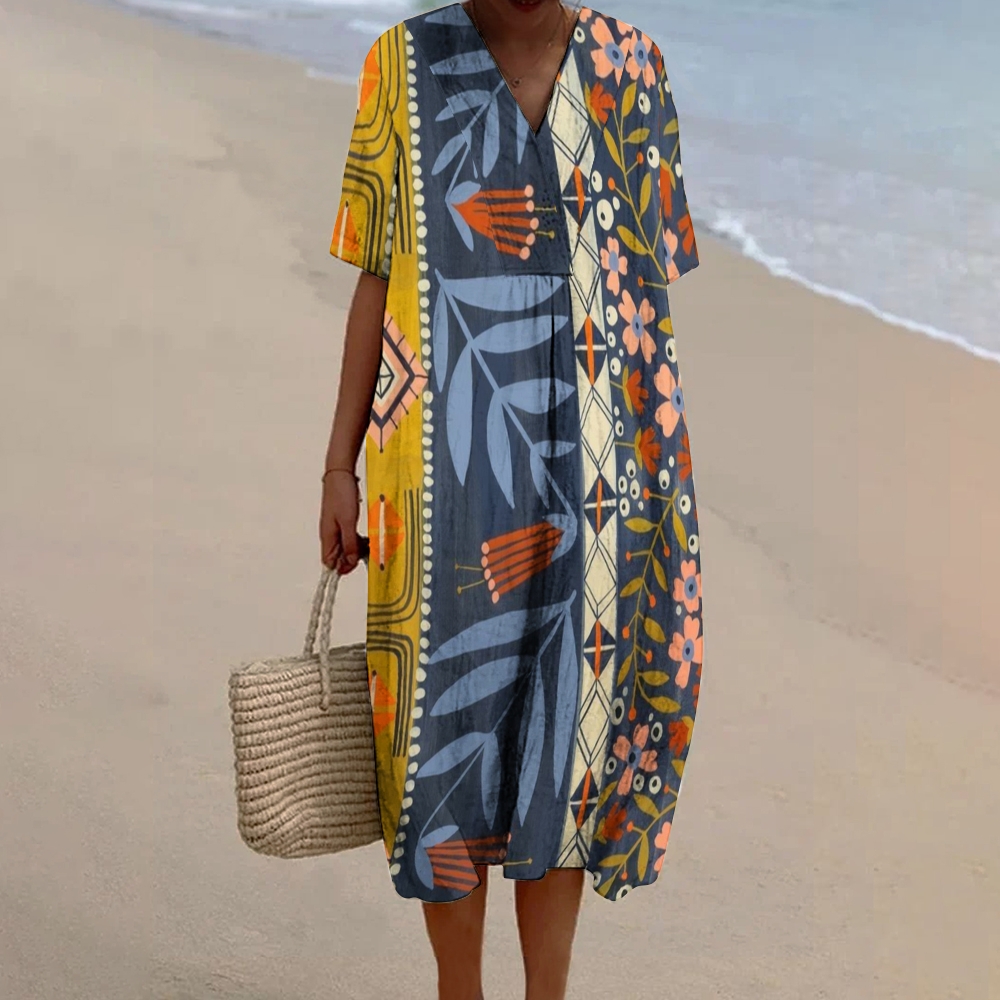 Women's Vintage Flower Colorblock Print Flowy Linen Dress