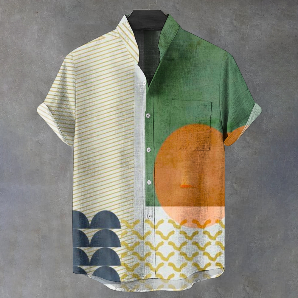 Men's Stand Collar Color Block Abstract Printed Short Sleeve Shirt