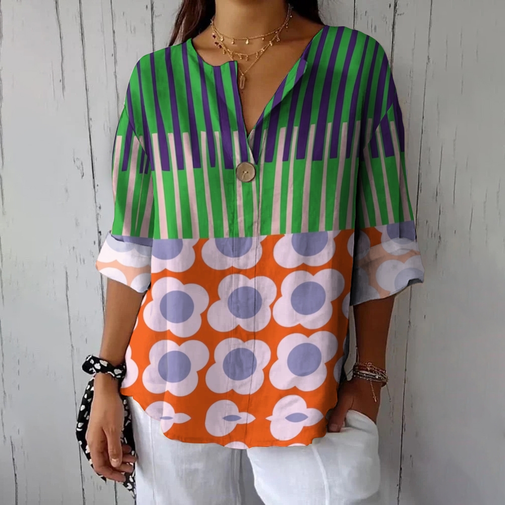 Women's Daisy Floral Stripe Print Casual Mid Sleeve Shirt