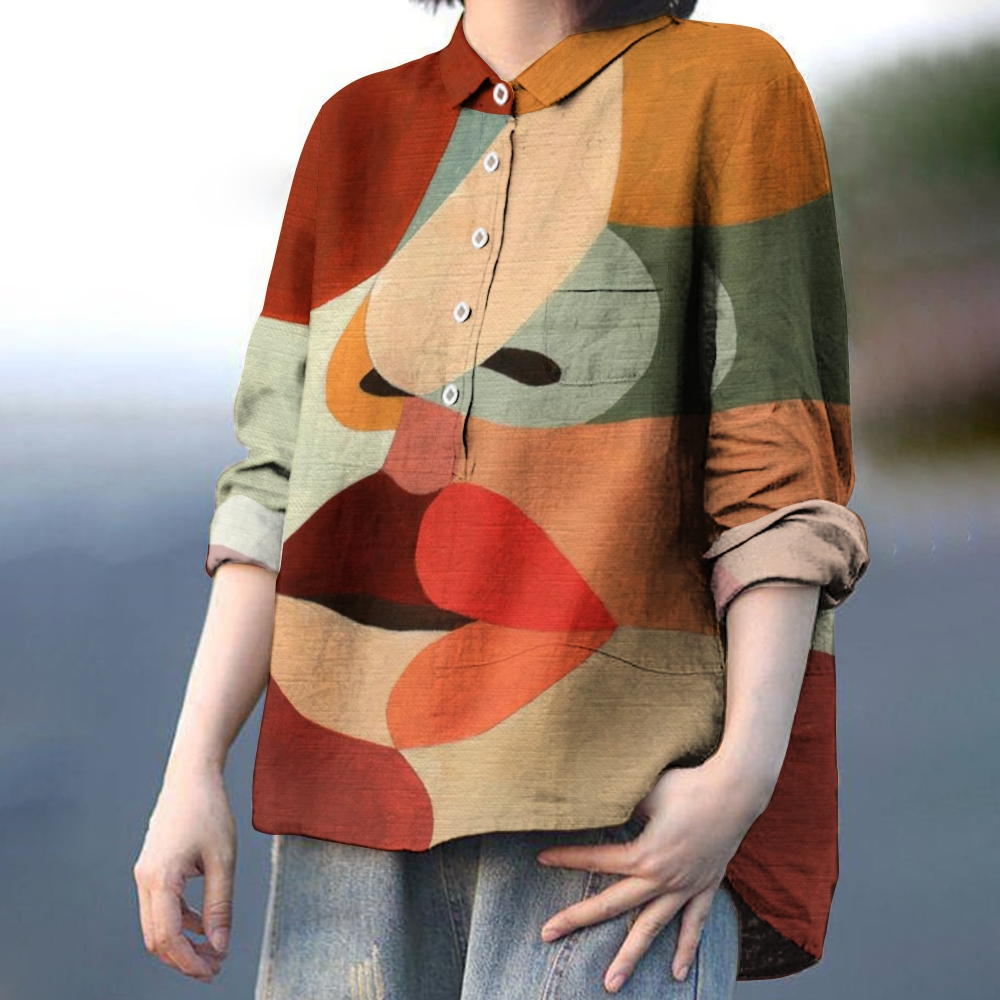 Women's Colorblock Face Printed Casual Shirt