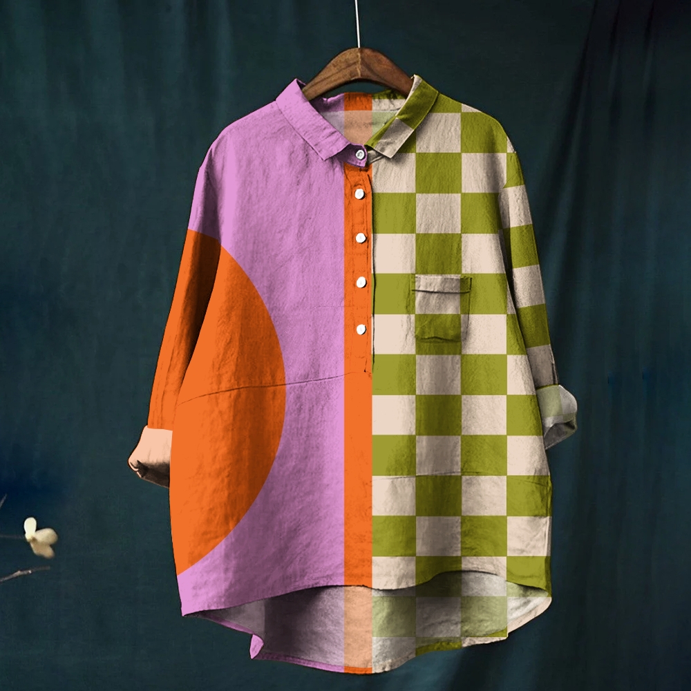 Women's Geometric Pattern Splicing Printed Casual Shirt