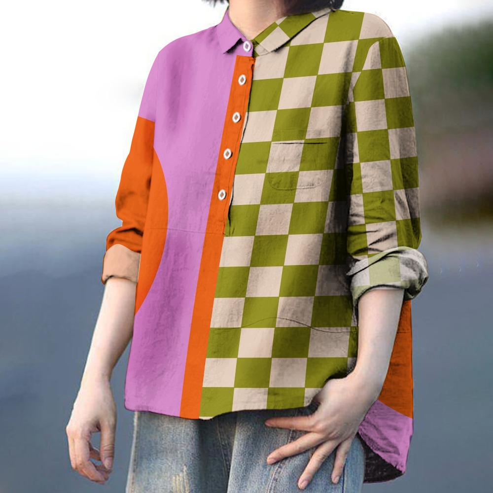 Women's Geometric Pattern Splicing Printed Casual Shirt