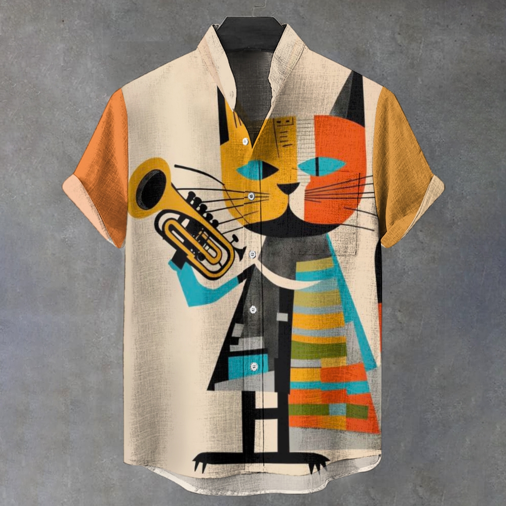 Men's Stand Collar Vintage Bright Contrasting Color Art Printed Short Sleeve Shirt