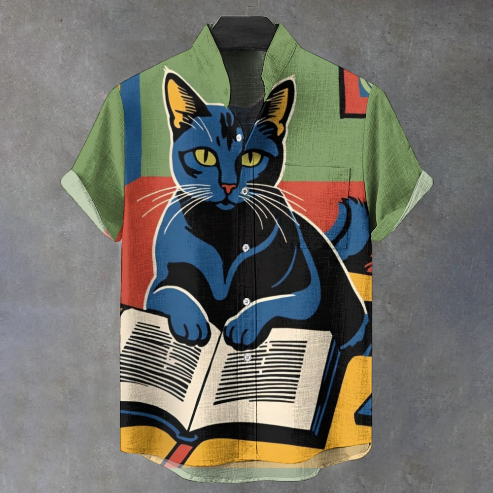 Men's Stand Collar Reading Cat Printed Short Sleeve Shirt