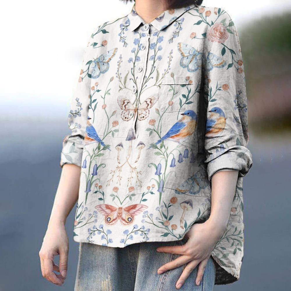 Women's Vintage Flowers And Birds Printed Casual Shirt