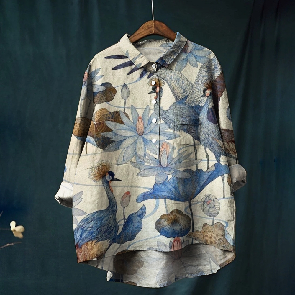 Women's Vintage Lovely Birds Floral Art Printed Casual Shirt