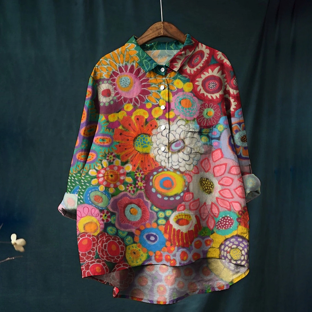 Women's Cartoon Colorblock Flower Printed Casual Shirt