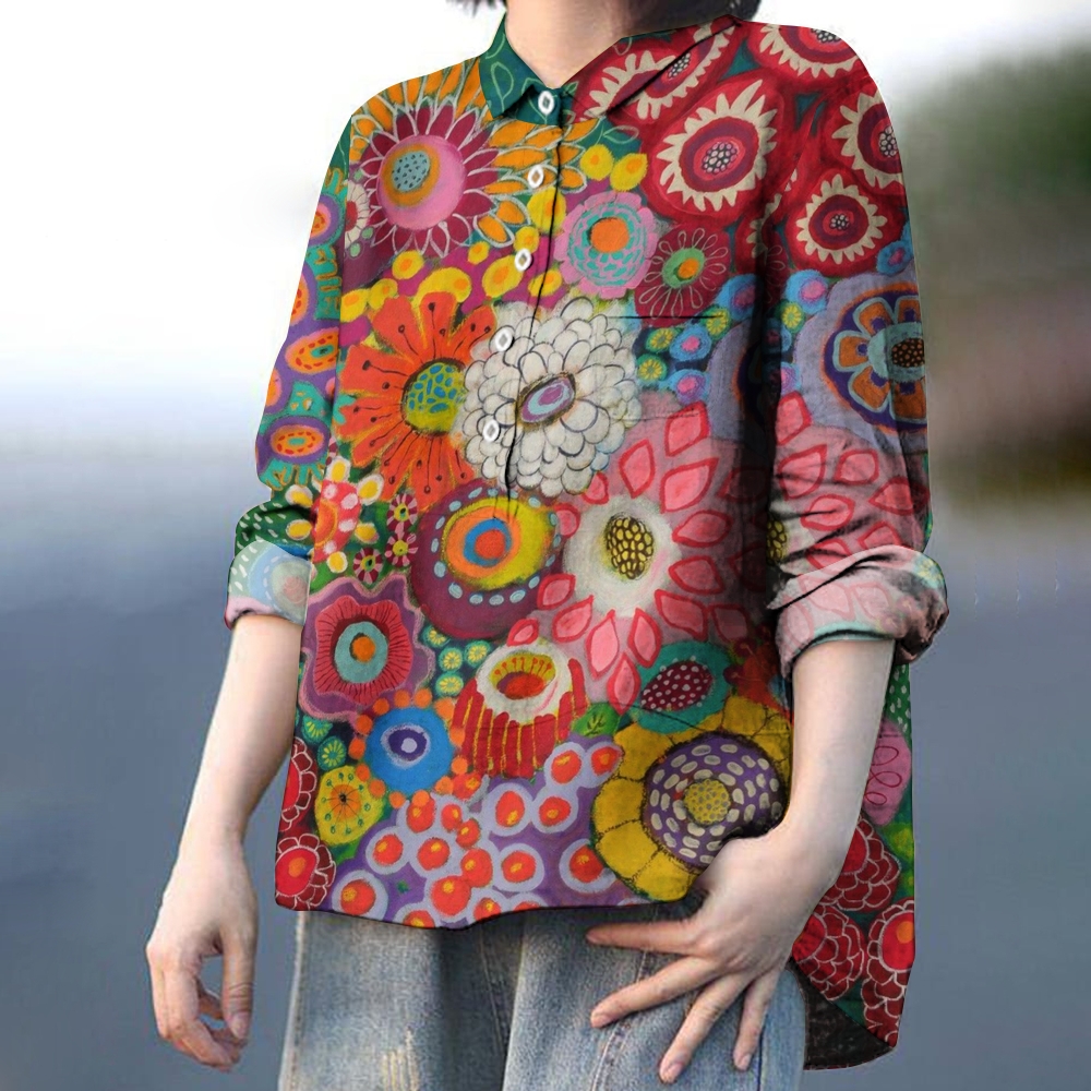 Women's Cartoon Colorblock Flower Printed Casual Shirt