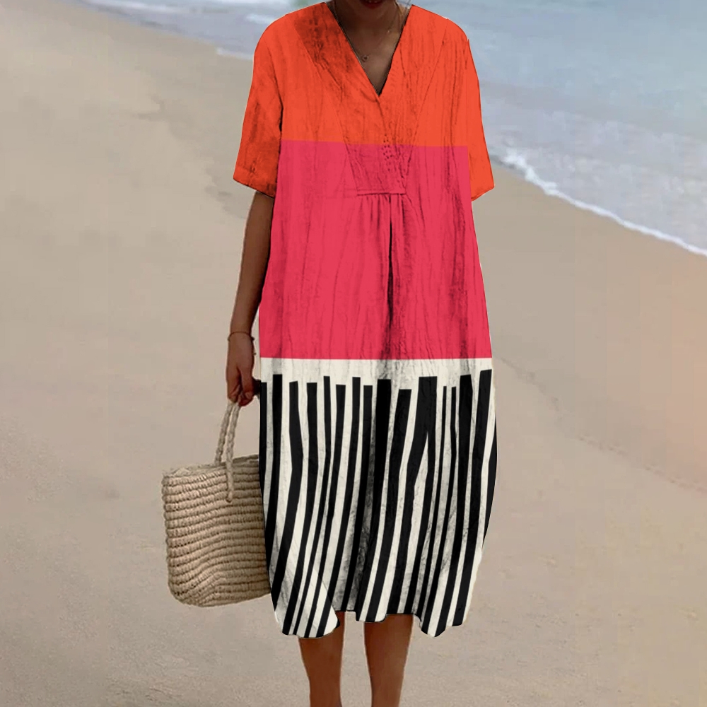Women's Color Block Stripes Printed Flowy Dress