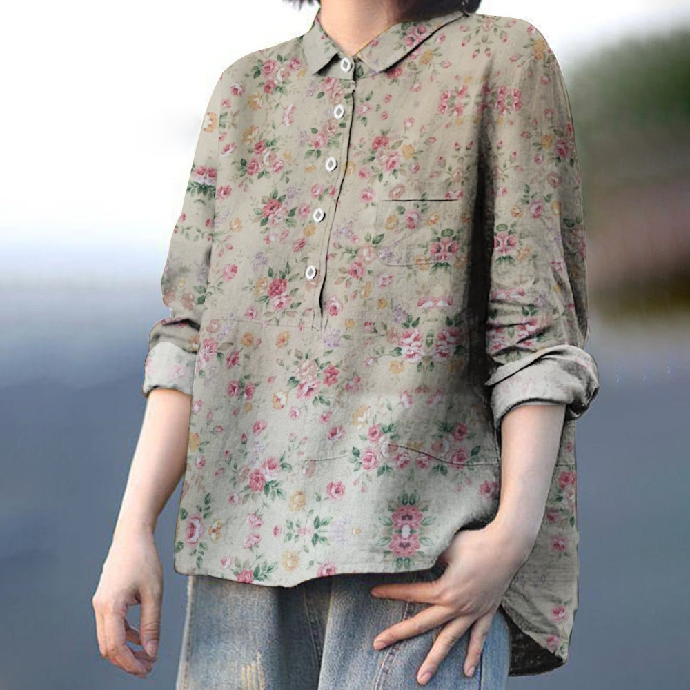Women's Oil Painting Peony Floral Pattern Printed Casual Shirt