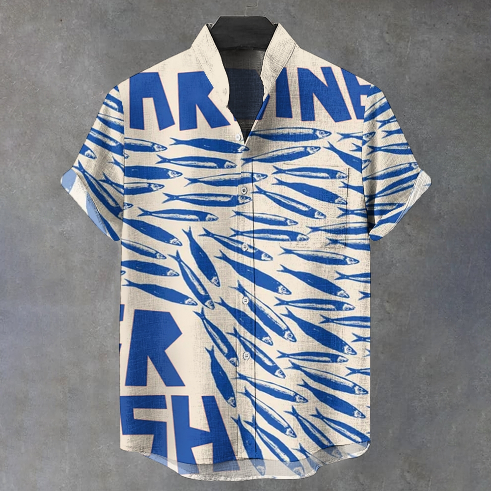 Men's Stand Collar Printed Short Sleeve Shirt
