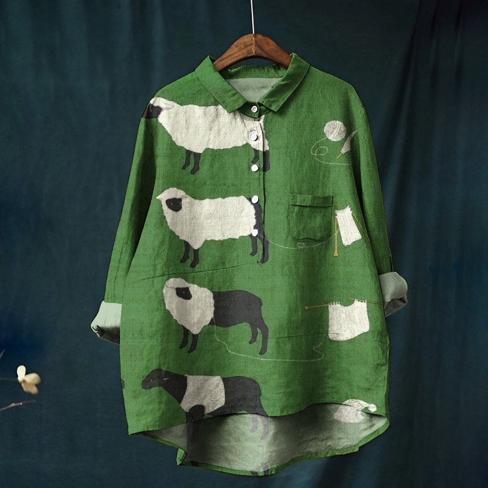 Women's Green Fun Lamb Printed Casual Shirt