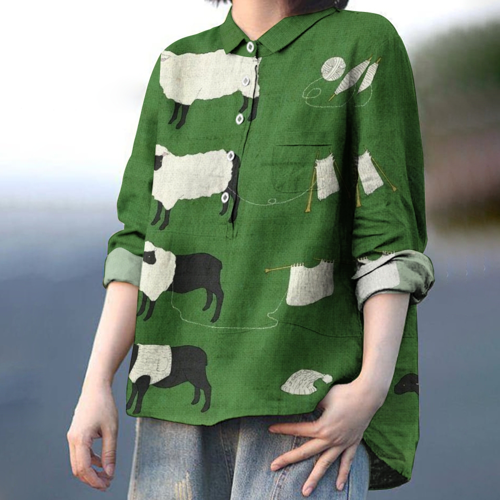 Women's Green Fun Lamb Printed Casual Shirt