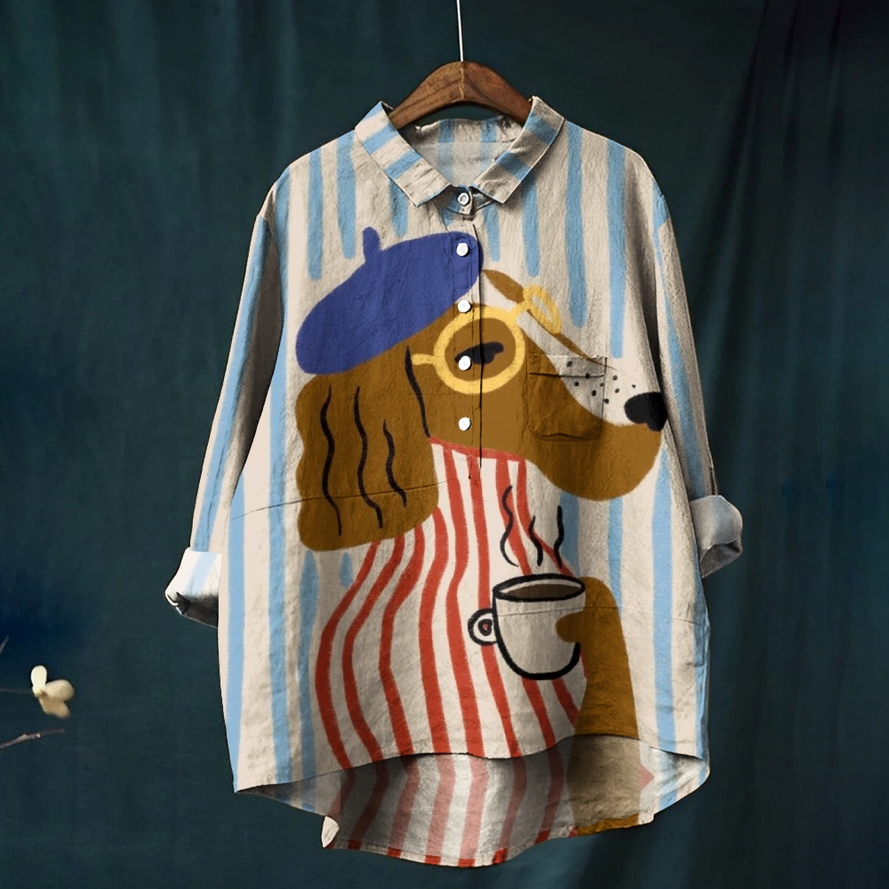 Women's Stripe Cartoon Dog Printed Casual Shirt