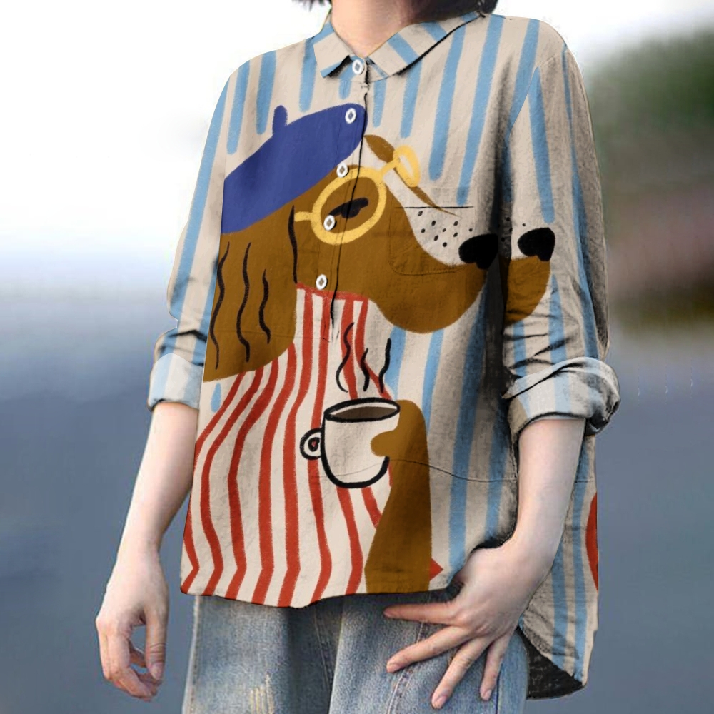 Women's Stripe Cartoon Dog Printed Casual Shirt