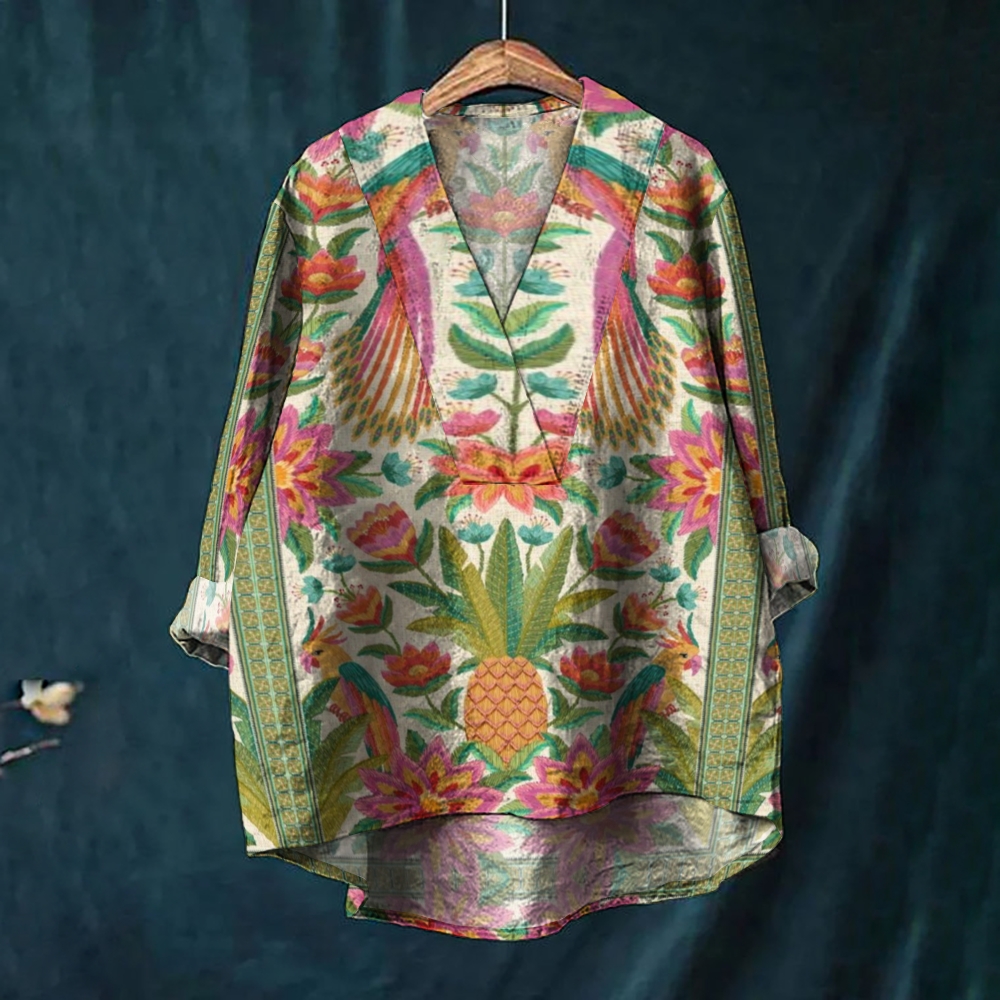 Women's Vintage Print Casual Cotton And Linen V-neck Shirt