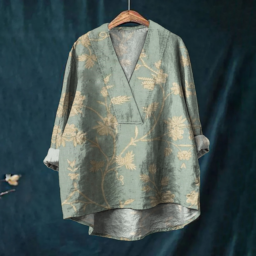 Women's Vintage Print Casual Cotton And Linen V-neck Shirt