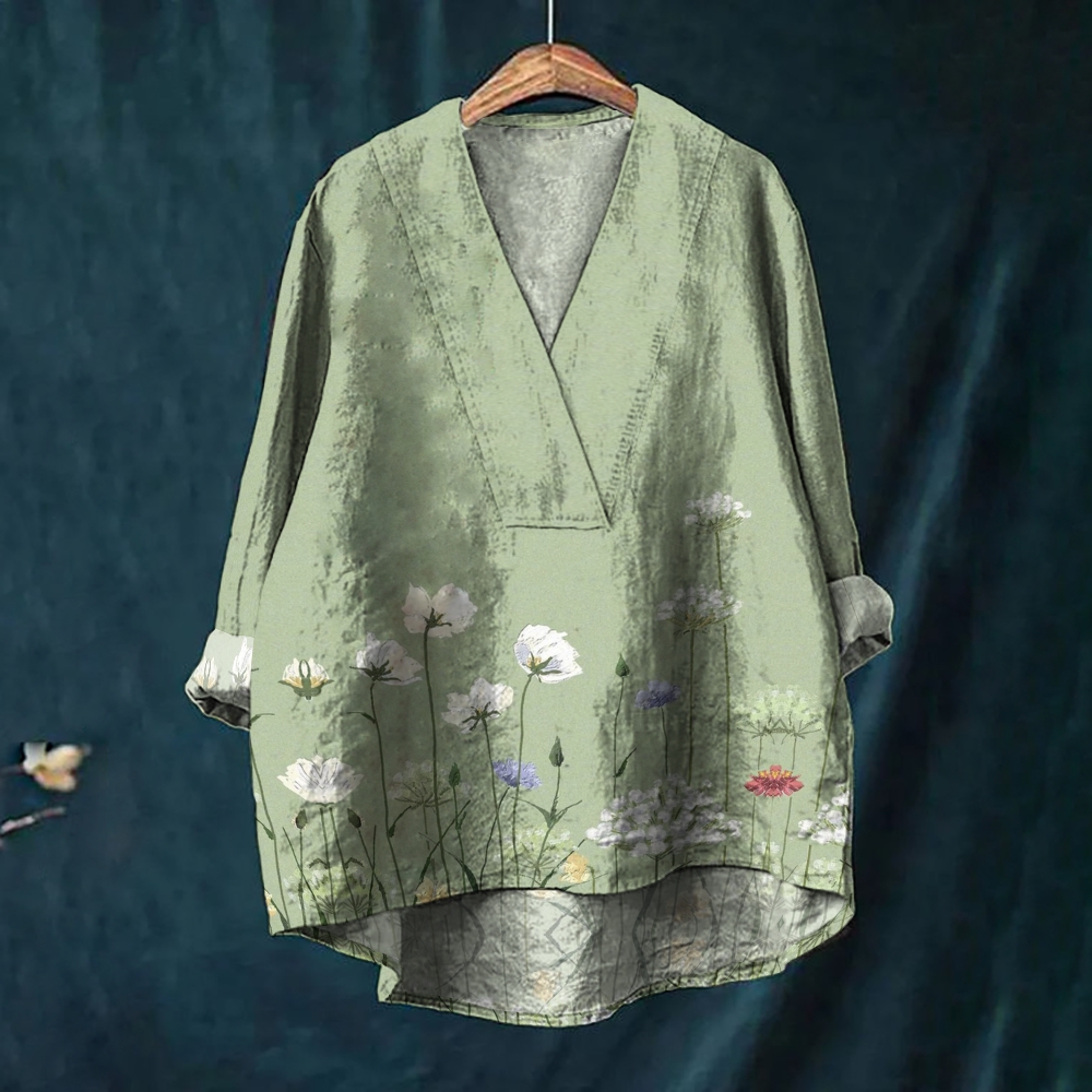 Women's Vintage Print Casual Cotton And Linen V-neck Shirt