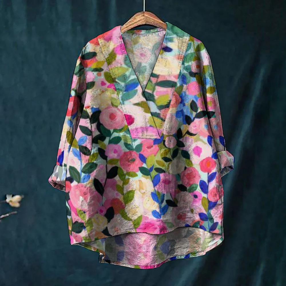 Women's Vintage Print Casual Cotton And Linen V-neck Shirt