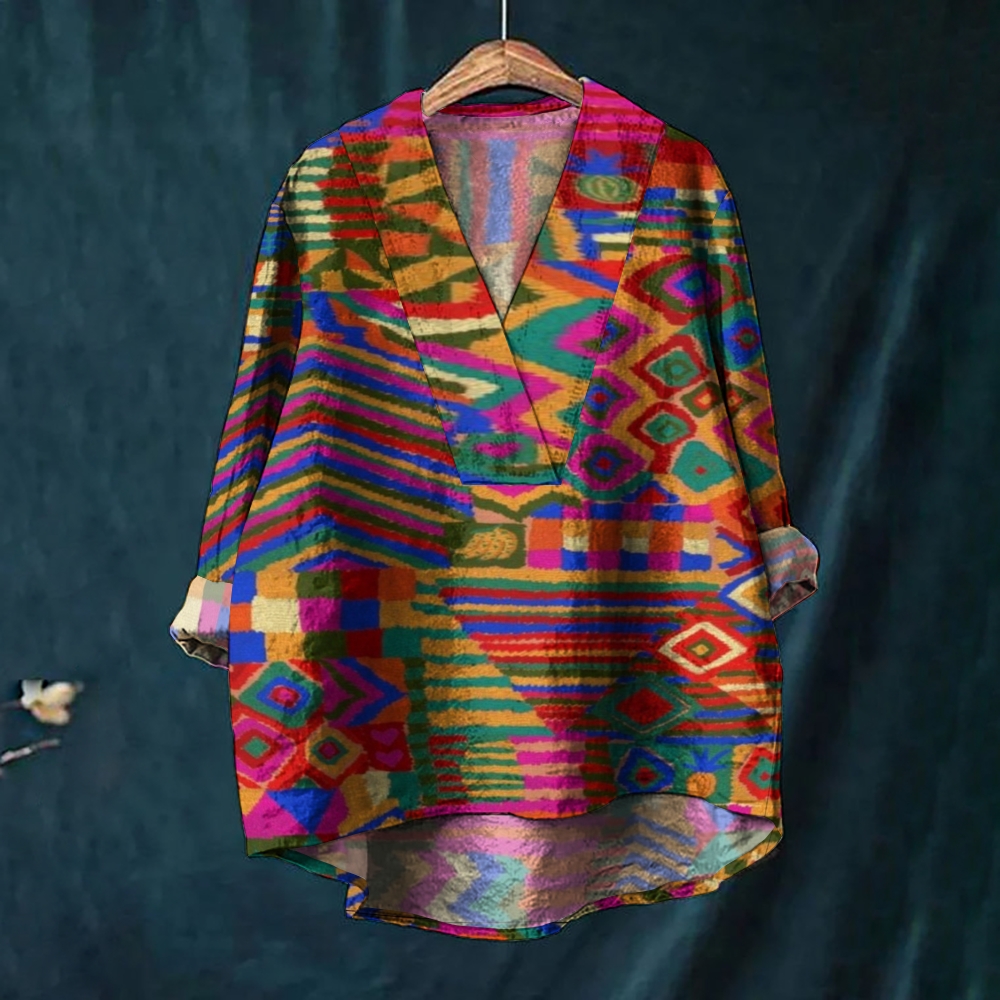 Women's Vintage Print Casual Cotton And Linen V-neck Shirt