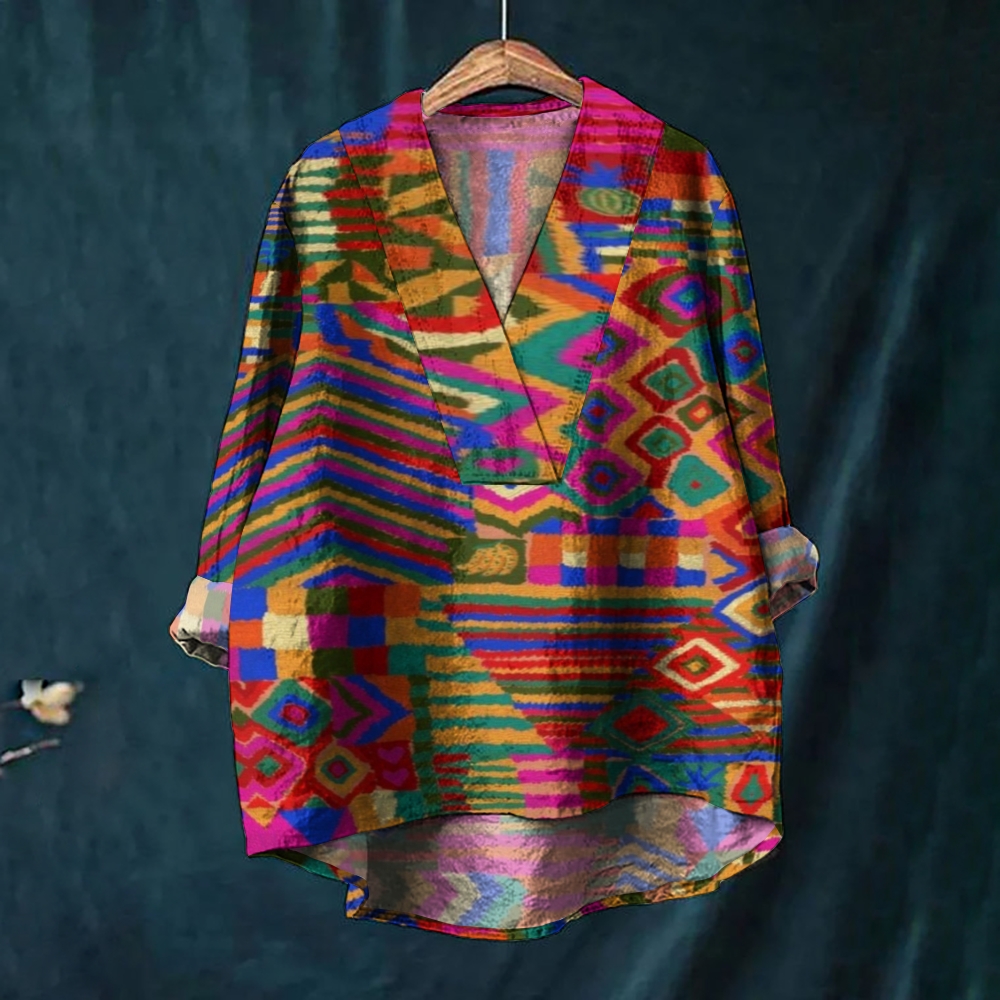 Women's Vintage Print Casual Cotton And Linen V-neck Shirt
