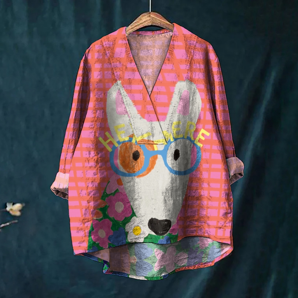 Women's Vintage Print Casual Cotton And Linen V-neck Shirt