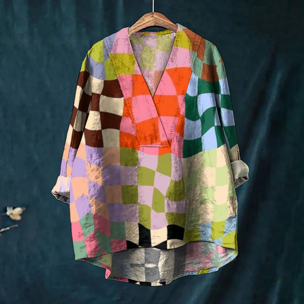 Women's Vintage Print Casual Cotton And Linen V-neck Shirt