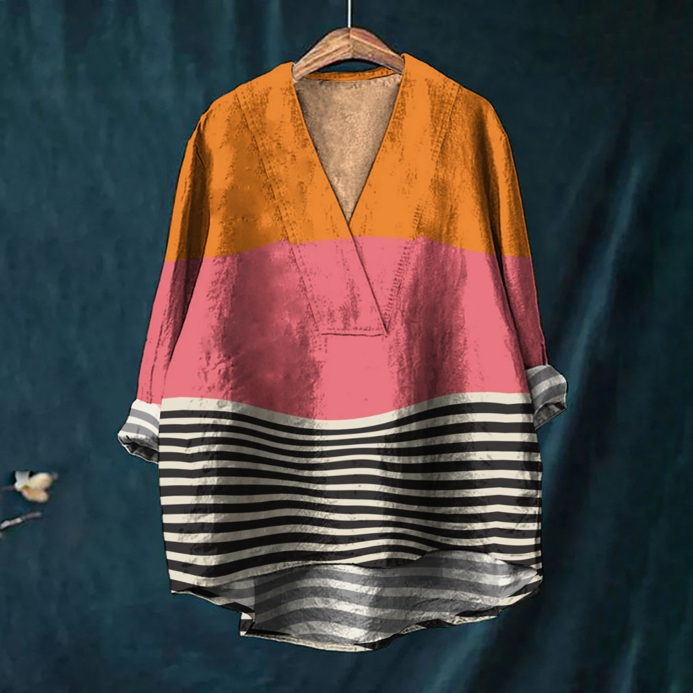 Women's Vintage Print Casual Cotton And Linen V-neck Shirt