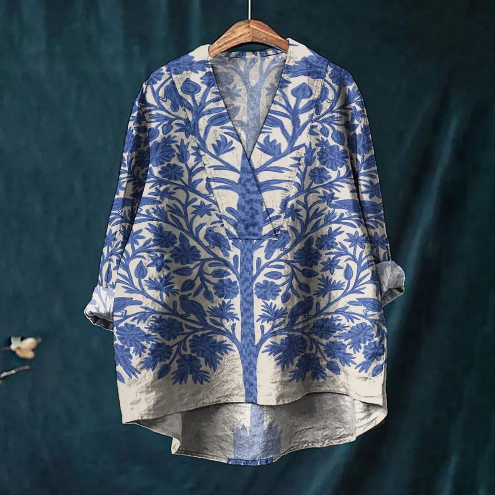 Women's Vintage Print Casual Cotton And Linen V-neck Shirt