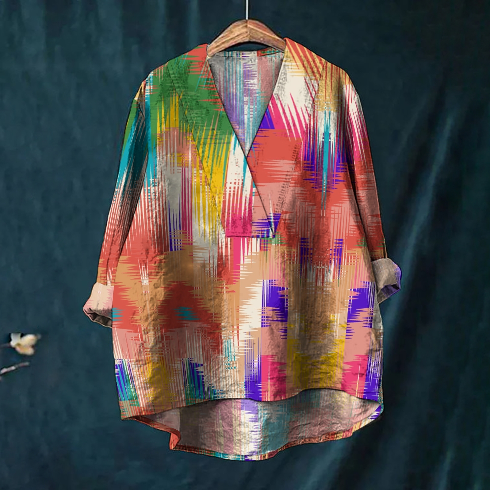 Women's Vintage Print Casual Cotton And Linen V-neck Shirt