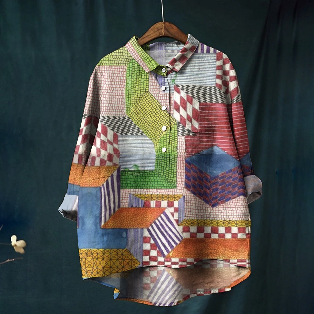 Women's Irregular Geometric Splicing Printed Casual Shirt