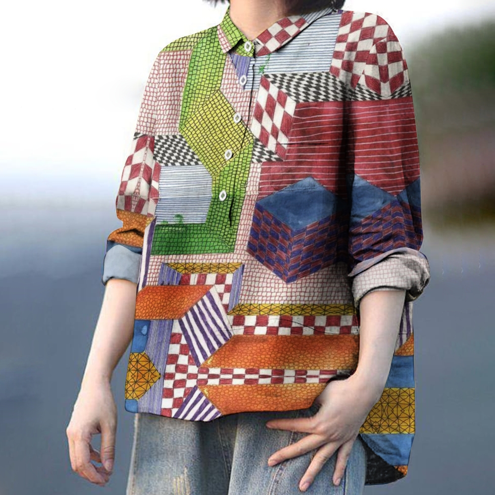 Women's Irregular Geometric Splicing Printed Casual Shirt