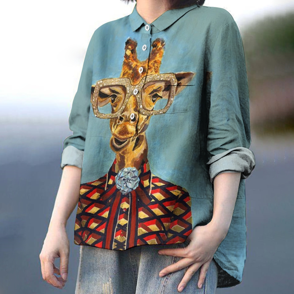 Women's Fun Giraffe Colorblock Printed Casual Shirt