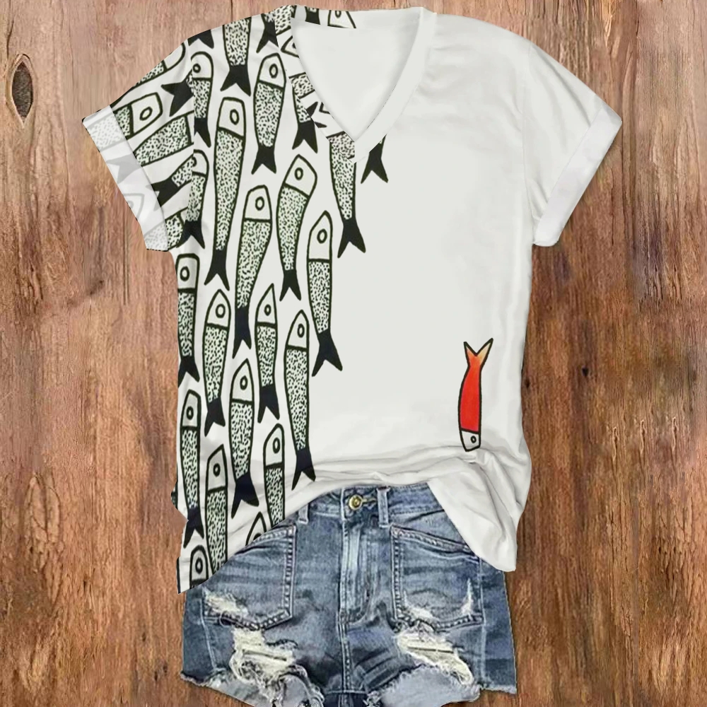 Women Fish Art Print V-Neck T-Shirt
