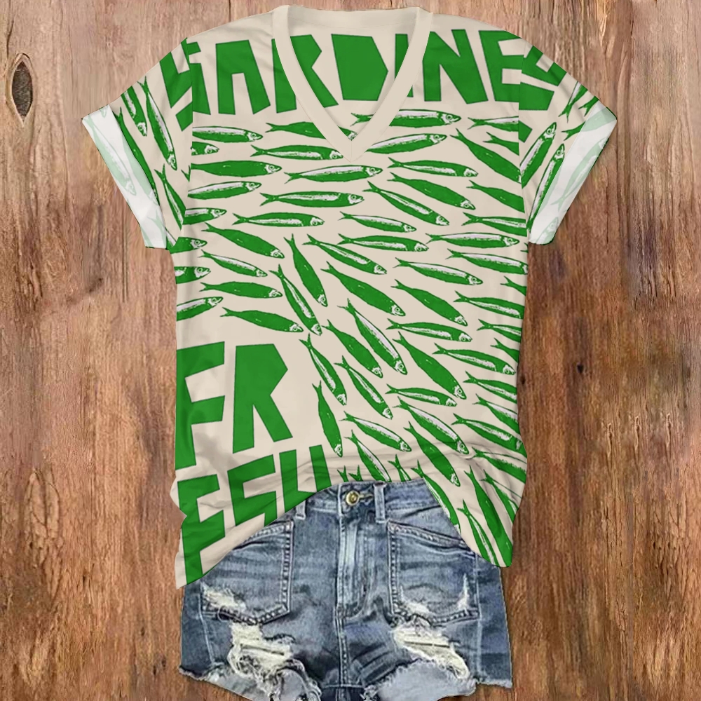 Women Green Small Fish Print V-Neck T-Shirt