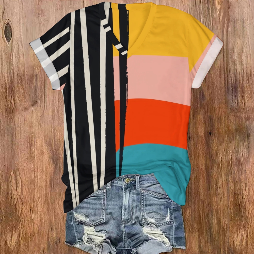 Women Retro Patchwork Color Blocks Print V-Neck T-Shirt