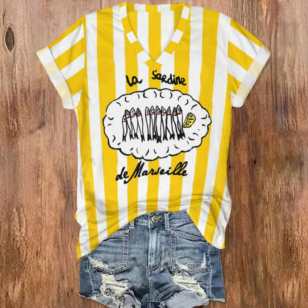 Women Stripe La Sardine Print V-Neck T-Shirt