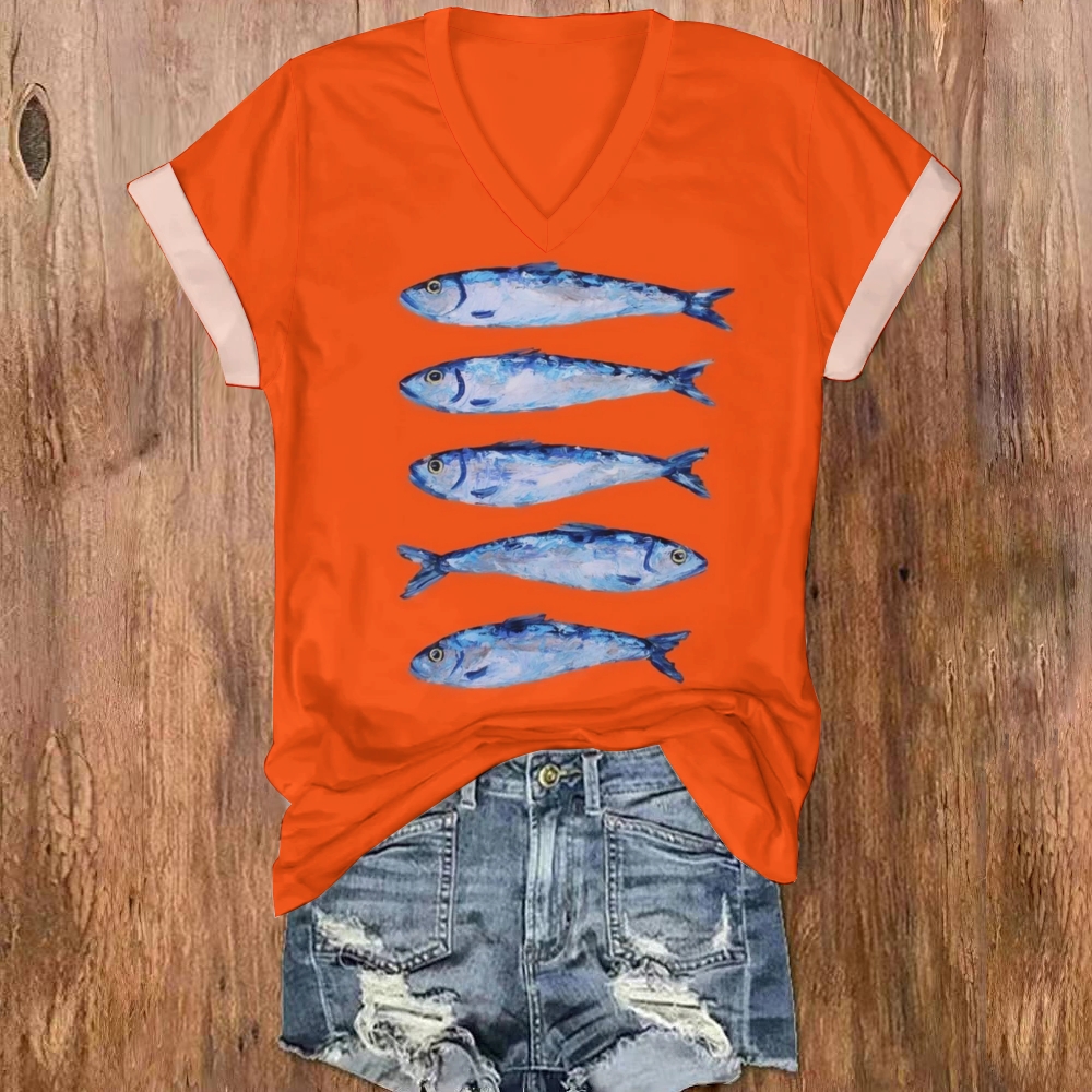 Women Retro Fish Print V-Neck T-Shirt